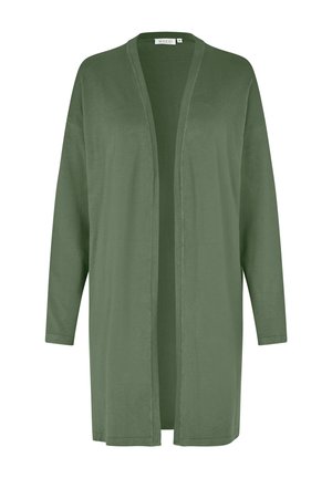 Olivenfarbener langer Cardigan mit lockerer Passform, offener Vorderseite und langen Ärmeln. Hergestellt aus einem weichen Stoff mit glatter Textur und minimaler Detailierung.