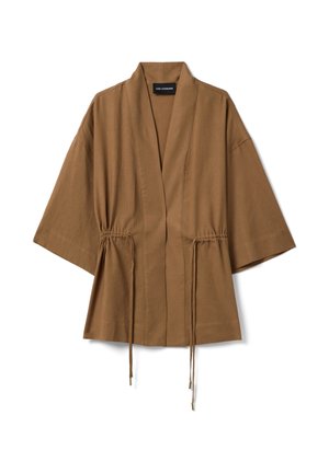 Chaqueta marrón de apertura frontal con mangas anchas tres cuartos y cordones ajustables en la cintura para un ajuste personalizado.