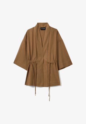 Brown open-front jacket with wide three-quarter sleeves and adjustable drawstrings at the waist for a tailored fit.