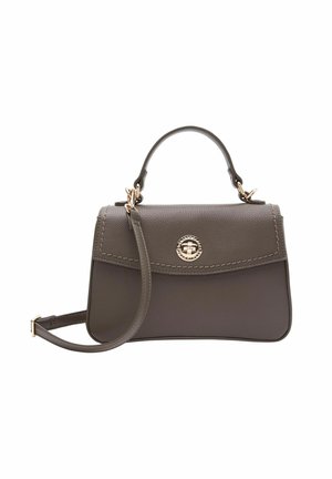 Borsa a tracolla in pelle grigia con design strutturato, hardware tono oro, manico superiore e tracolla rimovibile. Presenta dettagli cuciti e una chiusura frontale.