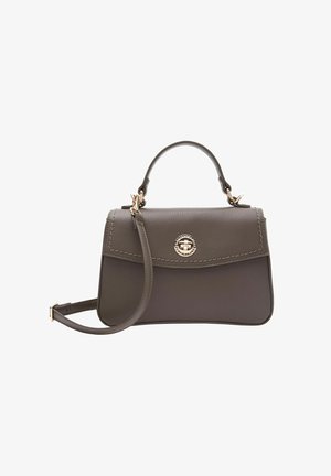 Sac à main en cuir gris avec un design structuré, quincaillerie dorée, anse supérieure et bandoulière amovible. Présente des accents cousus et un fermoir à l'avant.