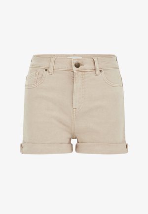 Beežid teksapüksid rullitud äärega, esikinnitus nööpidega, vööaasad ja esimesed ning märkmepesad.