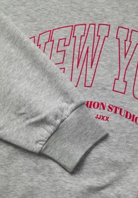 Felpa grigia con testo rosso in evidenza che recita "NEW YORK" e "FASHION STUDIO", con polsini a coste e una texture morbida.