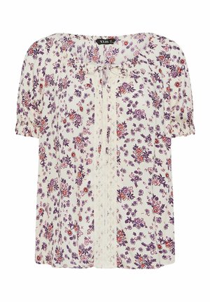 Kortærmet, cremefarvet bluse med lilla og rødt blomsterprint, frontpanel i blonder og sløjfe ved halsudskæringen.