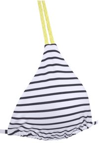Hartje bikini top zonder banden met witte en marineblauwe strepen, voorzien van gevlochten gele banden en geplooid materiaal aan de onderkant voor een snug fit.