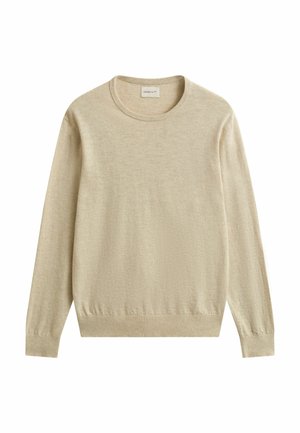 Pull beige à manches longues avec col rond, poignets et ourlet côtelés, en tissu tricot léger.