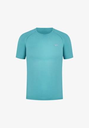 Short-sleeve t-shirt in solid aqua blue, made of smooth fabric. Features a round neckline and a small logo detail on the chest.