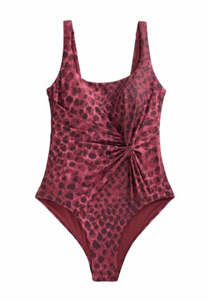 Jednodielne plavky tmavoružovej farby s čiernymi leopardími škvrnami a detailom skrúteného uzla v páse.