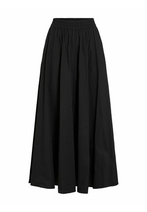 Falda larga negra con cintura elástica fruncida y tela fluida, mostrada sobre un fondo blanco.