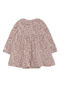 Blumenmuster Maxikleid mit langen Ärmeln in helllila und Rüschen. Es hat ein tailliertes Oberteil und einen ausgestellten Rock, gefertigt aus weichem Baumwollstoff mit mehrfarbigen Mustern.