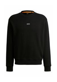 Svart sweatshirt i bomull, med ribbade manschetter och nederkant, rund hals med orange insida, och en vit "BOSS"-logotyp på bröstet.
