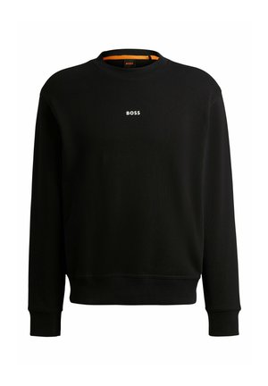 Black sweatshirt made of cotton, features ribbed cuffs and hem, round neck with orange interior, and a white "BOSS" logo on the chest.