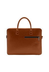 Brown leather briefcase with a smooth texture, dual handles, a front zip pocket, and a circular embossed logo detail.
