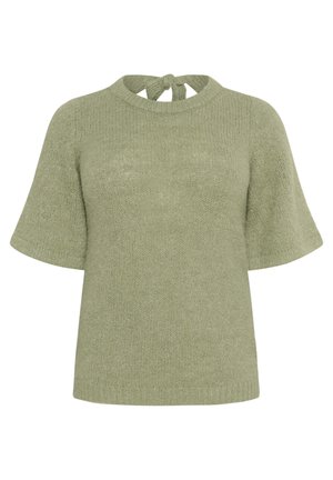 Pull en tricot vert clair à manches courtes, col rond et détail de lien au dos. Texture douce avec une coupe légèrement ample.