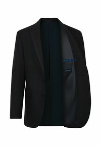 Schwarzer Blazer mit einem einreihigen Design, Reverskragen und einem glatten Innenfutter, das eine Tasche mit blauen Akzenten aufweist.