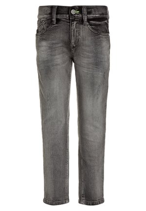 Grau verwaschene Jeans mit Knopf- und Reißverschluss, Front- und Gesäßtaschen sowie dezenten Used-Details an den Beinen.