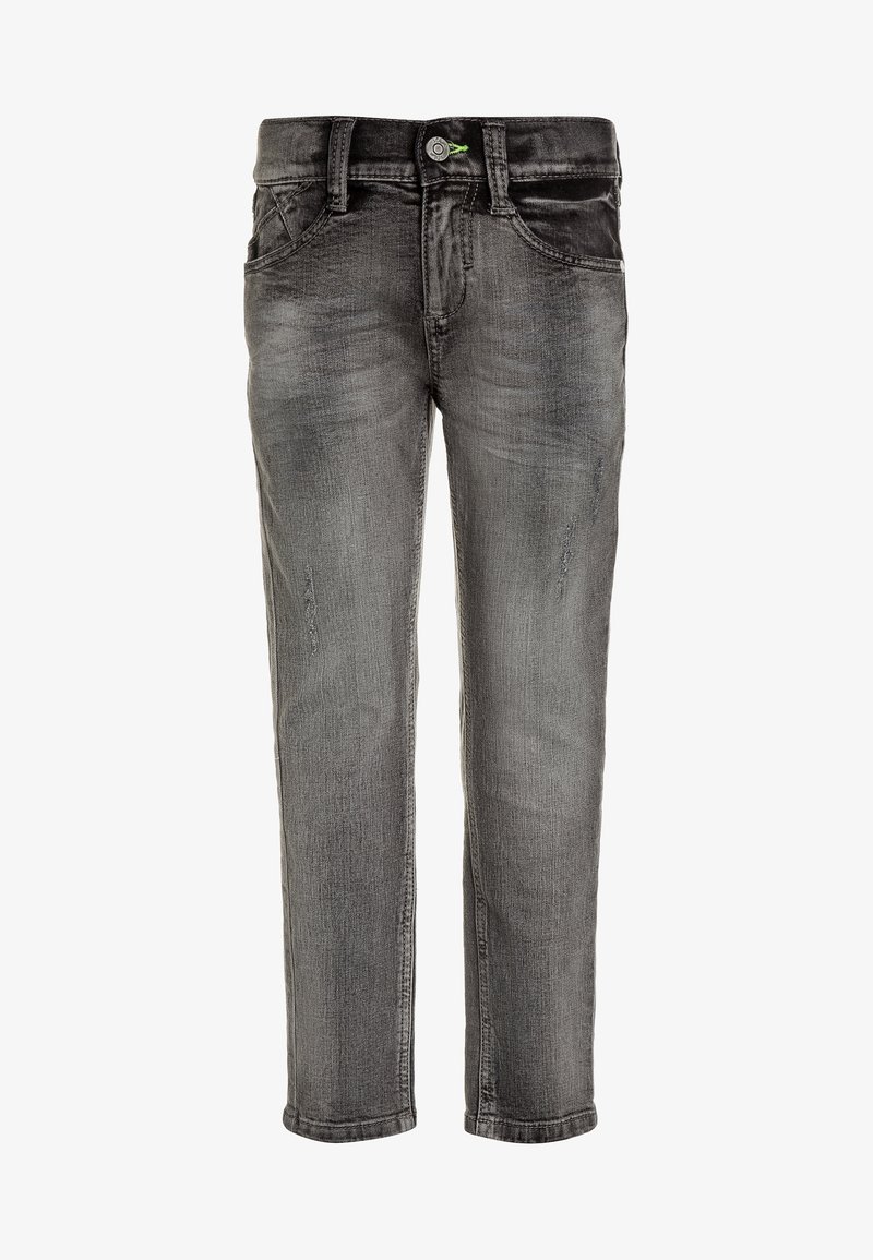 Jean en denim gris délavé avec fermeture par bouton et zip, poches avant et arrière, et détails usés subtils sur les jambes.