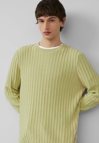 Hellgrüner, gerippter Strickpullover mit rundem Halsausschnitt und langen Ärmeln, der vertikale Streifen und eine weiche Textur aufweist.