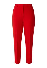 Pantalon rouge avec une coupe ajustée, présentant un design à jambe droite, un tissu lisse et des plis sur le devant pour une structure supplémentaire.