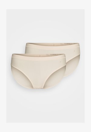 Beige cotton briefs with smooth texture; features a minimalistic design and elastic waistband. Sold as a pack of two.