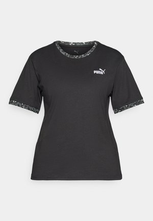Sort Puma t-shirt med korte ærmer, prydet med grå leopardmønstret kant ved kraven og manchetterne, samt Puma-logo på venstre bryst.