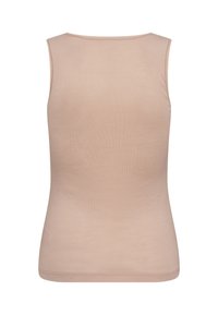 Lys beige ærmeløs tanktop lavet af ribbet materiale, med en rund udskæring og en tætsiddende silhuet. Glat tekstur uden mønstre.