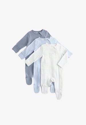 Drie baby slaappakken in tinten blauw: één effen donkerblauw, één effen lichtblauw en één wit met lichtblauwe strepen. Zachte katoen materiaal.