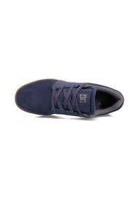 Navy blue suede skate shoe with grey accents, flat laces, padded collar, and DC logo on the tongue. Gum rubber outsole visible at the toe.