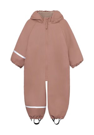 Tutina da neve per neonato color marrone chiaro con cappuccio, cerniera frontale, strisce riflettenti su braccia e gambe, polsini elastici e fascette per i piedi, esposta su sfondo bianco.