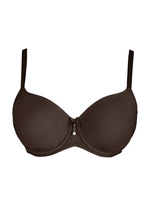 Brown padded bra with adjustable straps, smooth texture, underwire support, and a decorative pearl accent at the center.