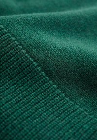 Grüner Strickstoff mit strukturiertem Muster, der eine glatte Seite und eine gerippte Kante aufweist und ein weiches und dichtes Erscheinungsbild zeigt.