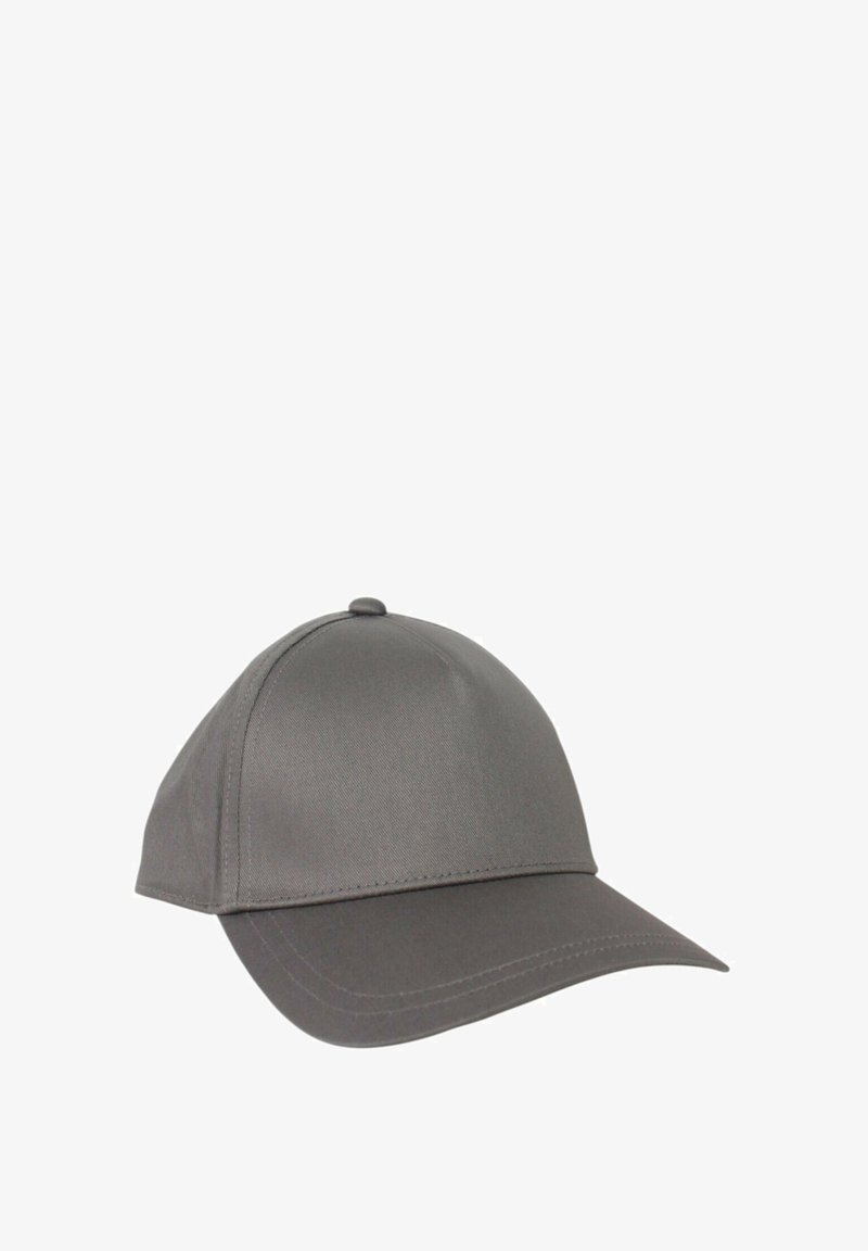 Cappellino da baseball grigio con una corona strutturata, visiera curvata e cuciture tono su tono. Realizzato in tessuto liscio e resistente con un bottone in cima.
