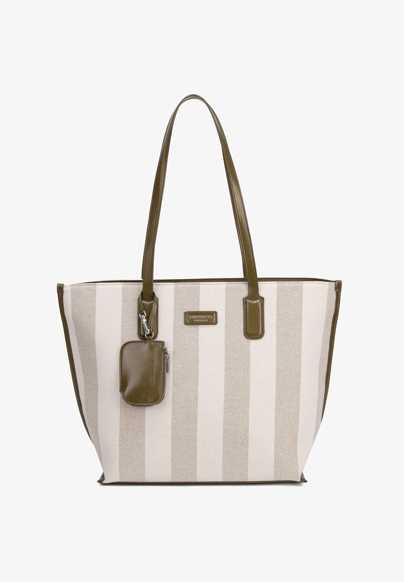 Sac fourre-tout rayé beige et olive avec de longues anses et une petite pochette olive attachée, arborant une étiquette de marque rectangulaire à l'avant.