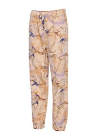 Beige jogger pants with abstract orange, brown, lavender, and navy blue swirls, elastic waistband, cuffs, and small white logo on thigh.