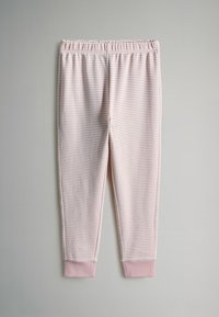 Rožinės ir baltos dryžuotos legginsai su elastinga juosta ir rožiniais kraštais, pagaminti iš minkštos, tamprių audinių. Lygi tekstūra, prigludęs dizainas.