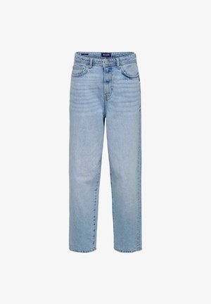 Világoskék farmernadrág egyenes szabással, gombos záródással, öt zsebes kialakítással és finom fakulással a combokon.