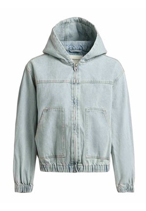 Lichtblauwe denim jas met capuchon, voorrits, twee grote voorzakken en elastische manchetten en tailleband.