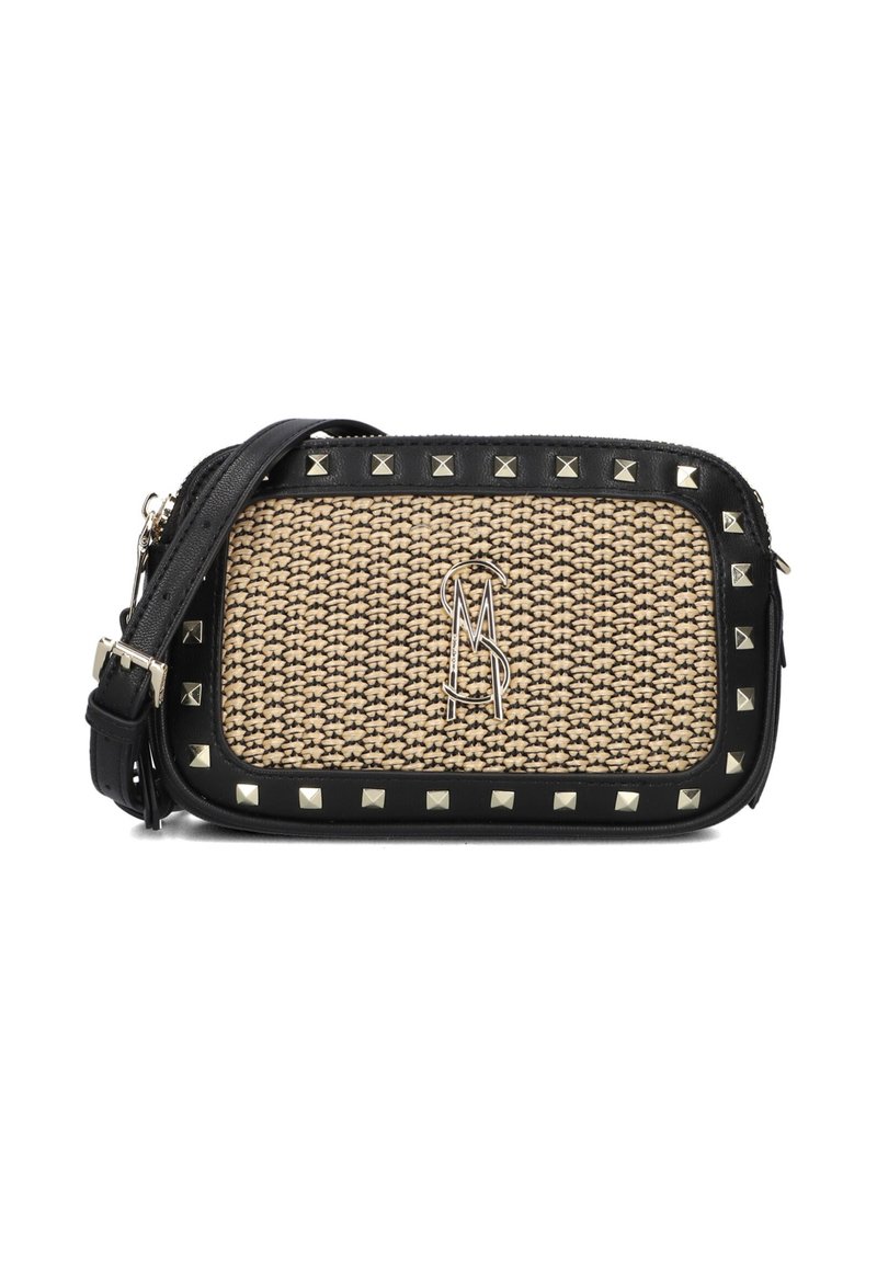 Black and tan woven shoulder bag with studs, featuring a prominent logo, rectangular shape, and a detachable strap.