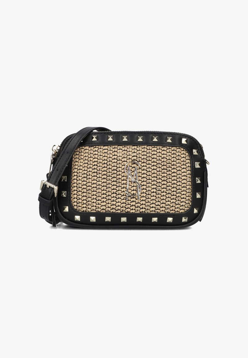 Black and tan woven shoulder bag with studs, featuring a prominent logo, rectangular shape, and a detachable strap.