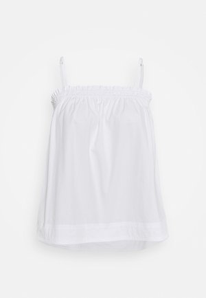 Camiseta de tirantes blanca hecha de algodón, con tirantes finos ajustables y un borde superior fruncido. Diseño sencillo con un ajuste relajado.