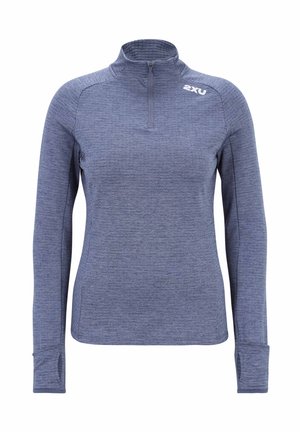 Long-sleeve athletic top in textured dark blue fabric, featuring a quarter zip and thumbholes at the cuffs for added comfort. Brand logo displayed.