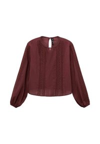 Blusa marrón con mangas largas y abullonadas. Presenta un contorno de encaje vertical y una abertura en la parte posterior. Fabricada con una tela ligera y texturizada.