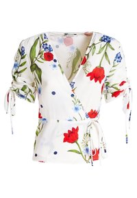 Weiße Bluse mit roten und blauen Blumenmustern. Mit V-Ausschnitt, kurzen Puffärmel mit Bindebändern und einer taillierten Taille mit Kordelzug.