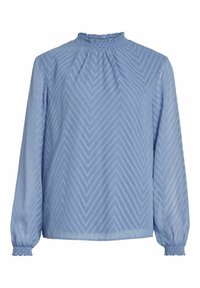 Blouse bleu clair avec un col smocké haut, des manches longues et un motif en chevrons. Tissu doux et léger avec des poignets élastiques.