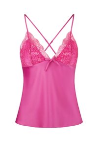Fuchsia satijnen camisole met kantafwerking en verstelbare kruislings straps; heeft een strikaccent in het midden voor. Soepele textuur.