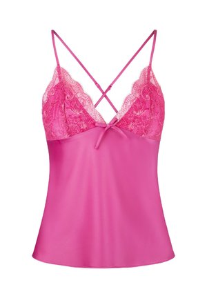 Fuchsia satijnen camisole met kantafwerking en verstelbare kruislings straps; heeft een strikaccent in het midden voor. Soepele textuur.