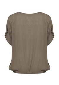 Top corto e ampio con maniche corte in un verde oliva tenue. Tessuto morbido e leggero con una consistenza delicata; scollatura rotonda e design con spalle abbassate.