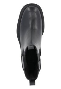 Czarne skórzane botki za kostkę z elastycznymi panelami bocznymi, okrągłym noskiem, matowym wykończeniem i pętelką z tyłu ułatwiającą zakładanie.