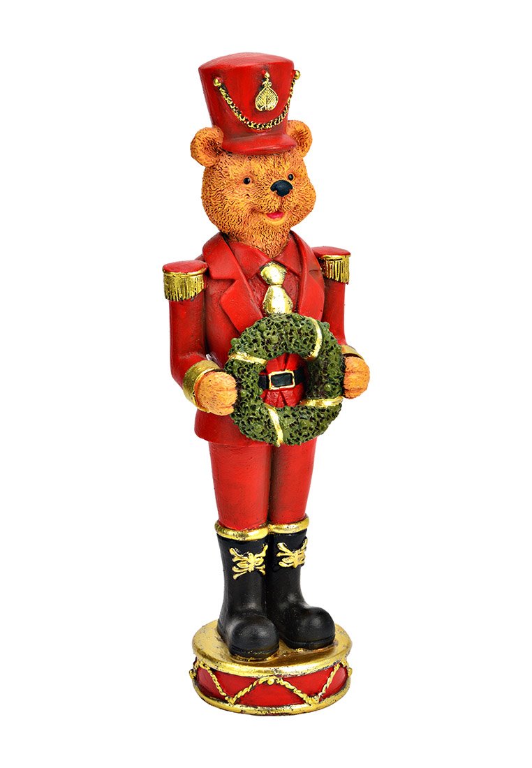 Rote und goldene Nussknacker-Bärenfigur, die einen Hut trägt und einen grünen Kranz hält, mit schwarzen Stiefeln und einer runden Basis, mit strukturiertem Fell.