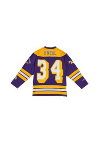 Lila Langarmtrikot mit gelben Akzenten, ausgestattet mit dem Namen "O'NEAL" und der Nummer "34" in Weiß. Mit Streifen an den Ärmeln und hinten.